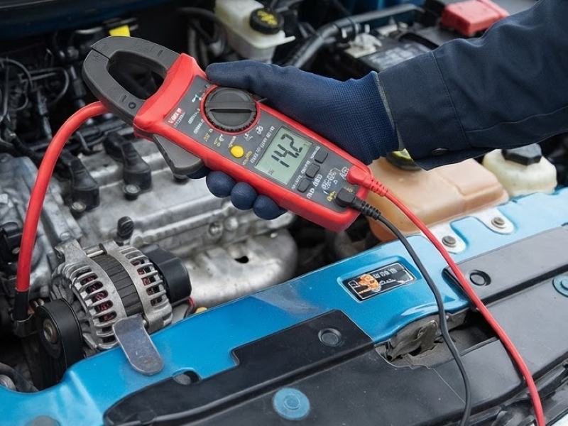 Pinza amperimétrica midiendo la carga del alternador en el motor