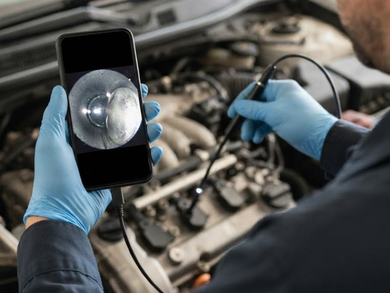 Inspector revisando el motor con un endoscopio conectado al celular