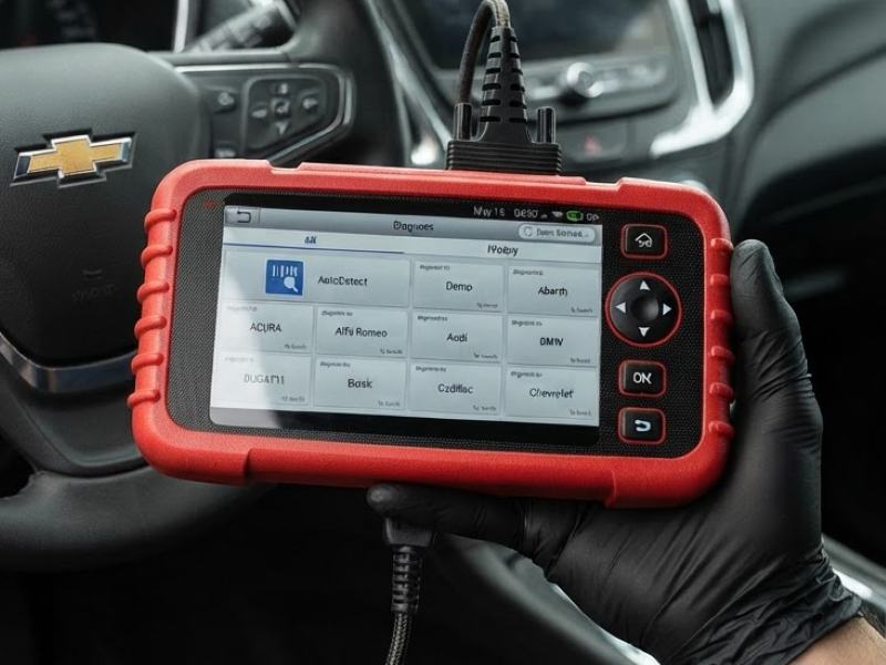 Escáner automotriz conectado al puerto de diagnóstico de un auto